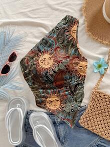 女士不对称下摆休闲印花露肩上衣，适合约会和外出穿着 - 彩色 - 查看 1