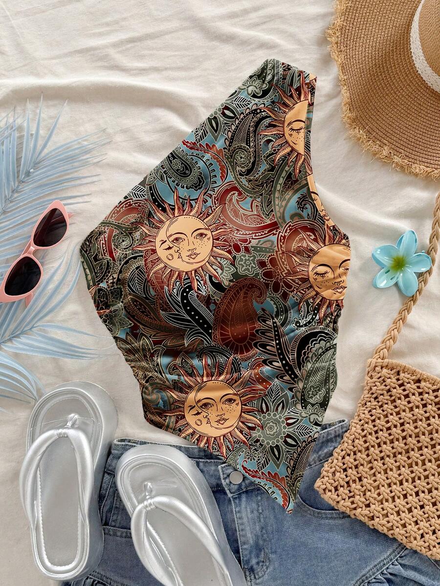 女士不对称下摆休闲印花露肩上衣，适合约会和外出穿着 - 彩色 - 查看 1