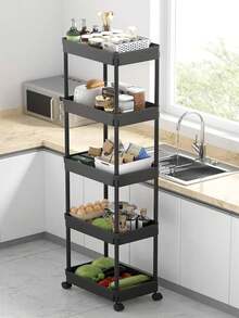 estantes de almacenamiento 6 NIVELES , carrito de almacenamiento multifunción con cesta de malla, asas y ruedas, fácil montaje - Negro - Ver 3