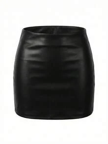 UREREM Saia Ajustada com Zíper em Couro Preto Feminina, Sexy e Versátil para a Primavera - Preto - Visão 6