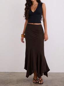 Women's Asymmetrical Ruffle Hem Maxi Skirt - High Waist Flowy Skirt With Soft Woven Fabric For Spring  Summer Date  Casual Outings - Reddish Brown - View 2