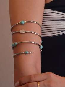 1pc Bohemian Style Wrapped Natural Stone Multilayer Bracelet, Personalized Coil Bracelet Suitable For Women - Baby Blue - View 4