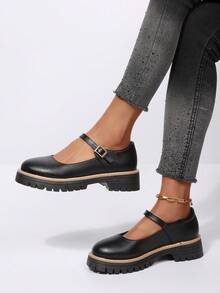 女士厚底圆头黑色漆皮装饰乐福鞋，休闲日常通勤学生鞋，适合所有季节 - 藍色 - 查看 3