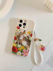 Cute Cat Painted Perforated Beige Painted With 5-Leaf Rope Simple Fashion Creative Anti-Drop Phone Case, Compatible With IPhone, Compatible With Samsung Galaxy, Compatible With Xiaomi, Compatible With - Multicolor - View 4