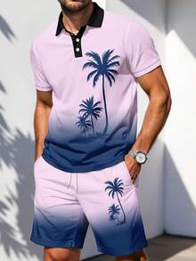 Bộ đồ thể thao nam gồm áo polo tay ngắn và quần short in hình cây dừa phối màu gradient, thích hợp cho kỳ nghỉ biển. - Nhiều màu - Xem 4