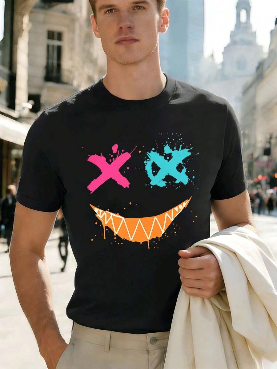Graffiti Smile Face Graphic TShirt Quality Fabric, Crew Neck, Relaxed Fit, Comfortable, Casual - Black - View 1