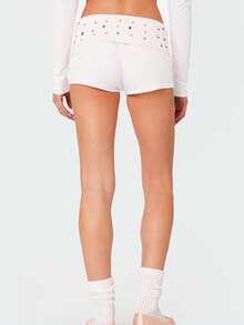 Women Y2K Studded Foldover Micro Shorts Vintage Low Waist Slim Fit Mini Shorts Boxer Short Party Clubwear - trắng - Xem 3