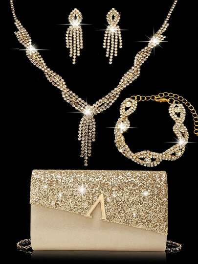 4pcs Women's Rhinestone Earrings, Necklace, Bracelet & Pendant Set, Shiny V-Shaped Metal Decor Elegant Clutch Bag With Detachable Chain, Suitable For Party, Wedding, Banquet, Cocktail