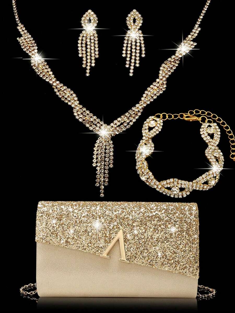 4 pièces Ensemble de boucles d'oreilles, collier, bracelet et pendentif avec strass pour femmes, sac à main élégant avec décoration métallique en forme de V et chaîne amovible, convient pour les fêtes, mariages, banquets et cocktails - Doré - Voir 1