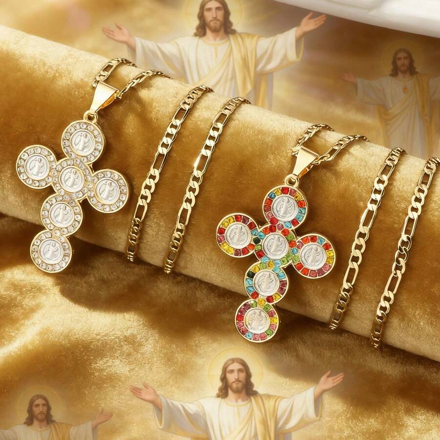 1 Piece Niche Design High End Full Zirconia Guadalupe Cross Necklace, Faith Virgin Mary Pendant Charm Copper Religious Faith Jewelry, Prayer Blessings, Easter/Thanksgiving/Mother's Day Gifts, Essential For Catholicism, Retro Hip-Hop Style - Saint Benedict - View 1