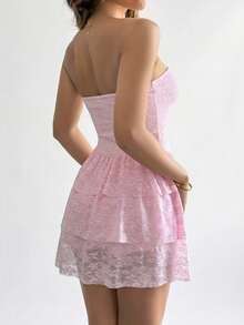 Đầm ôm sát Vaiaye Romantic Elegant Lace không dây vai, không tay, hở lưng, gợi cảm với hai lớp bèo nhún ở gấu váy, thích hợp cho đám cưới, tiệc tùng, hòa nhạc, lễ hội mùa hè, màu hồng. - Hồng - Xem 2