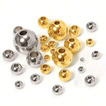 100pcs Gold Stainless Steel Round Beads, Hole Drilled, Assorted Sizes, Suitable For DIY Necklace, Bracelet, Jewelry Making