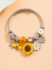 1件装 时尚夏季DIY爱心、蜜蜂、向日葵花朵手链，不锈钢开口手镯，蝴蝶吊坠手链，适合女孩佩戴 - 手鍊 - 查看 3