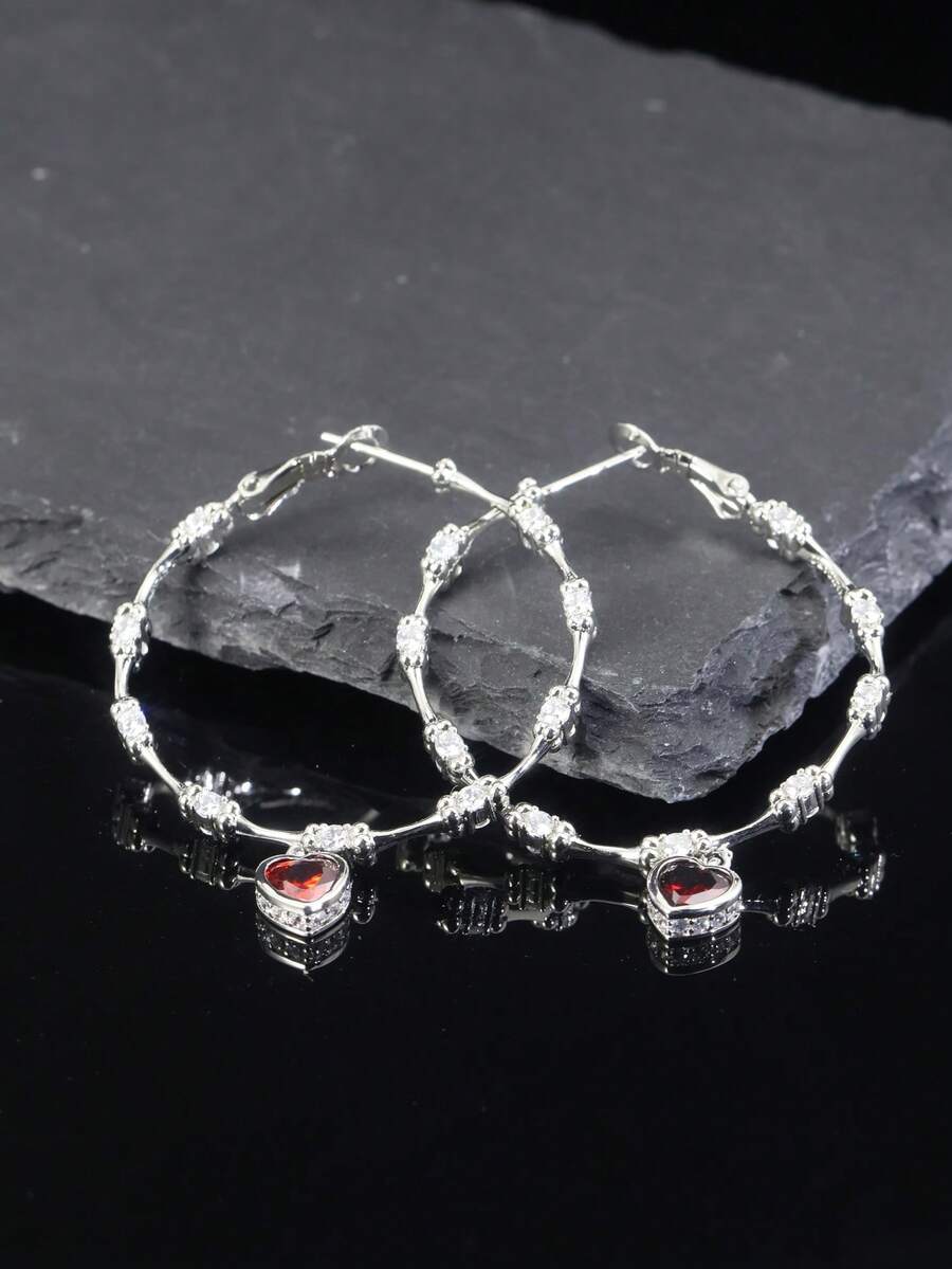 1 Peça Brincos Pingente de Coração de Prata 925, Incrustado com Zircônia Cúbica Vermelha, Elegante e Fashionable Francês, Adequado para Mulheres Usarem em Festas, Férias e Uso Diário, Presente de Brinco Exquisito para o Dia dos Namorados - Prata - Visão 1