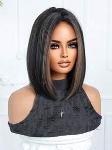 14英寸黑棕色短直发合成假发，个性化短发设计，采用高温丝和玫瑰网制成，金色，可自由修剪，时尚百搭，适合初学者，多巴胺风格，佩戴舒适，高品质，多功能，适合日常、派对、角色扮演、节日、音乐节、嘉年华等场合。 - 挑染棕色 - 查看 3