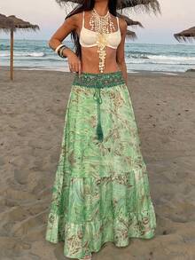 女士印花A字度假半身裙，时尚度假沙滩裙 - 綠色 - 查看 5