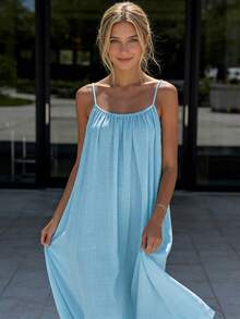 Women's Sexy Backless Solid Color Spaghetti Strap Maxi Dress, Loose Sleeveless Empire Style Dress, 2026 Summer New Arrival - 淺藍 - 查看 3