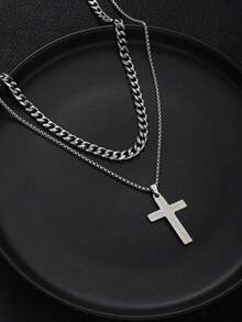 2 Stück/1 Stück neuer Herren Edelstahl dekorativer Halskette mit Kreuzanhänger, modisches und vielseitiges Accessoire, geeignet für Männer und Frauen, exquisites Geschenk - Verschiedenfarbig - Übersicht 2