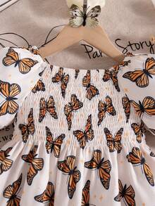 Infant/Baby GirlCute Vacation Style Butterfly Print Lantern Sleeve Dress, Summer - Multicolor - View 4
