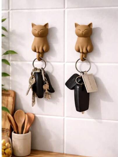Kit com 2 Ganchos de Parede em Formato de Gato – Porta-Chaves Fofo