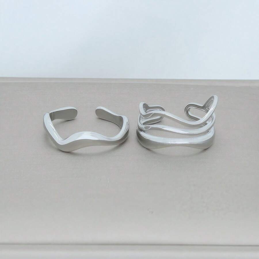 2pcs Stainless Steel Asymmetrical Line Open Ring Set, Elegant & Delicate, Suitable For Daily Wear - Irregular Lines - View 1