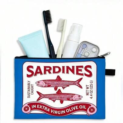 1pc New Sardine Polyester Cosmetic Bag, Fashion Lightweight Makeup Pouch With Multi-Function Zipper, Washable And Seamless Design - Cute Ladies Storage Bag
