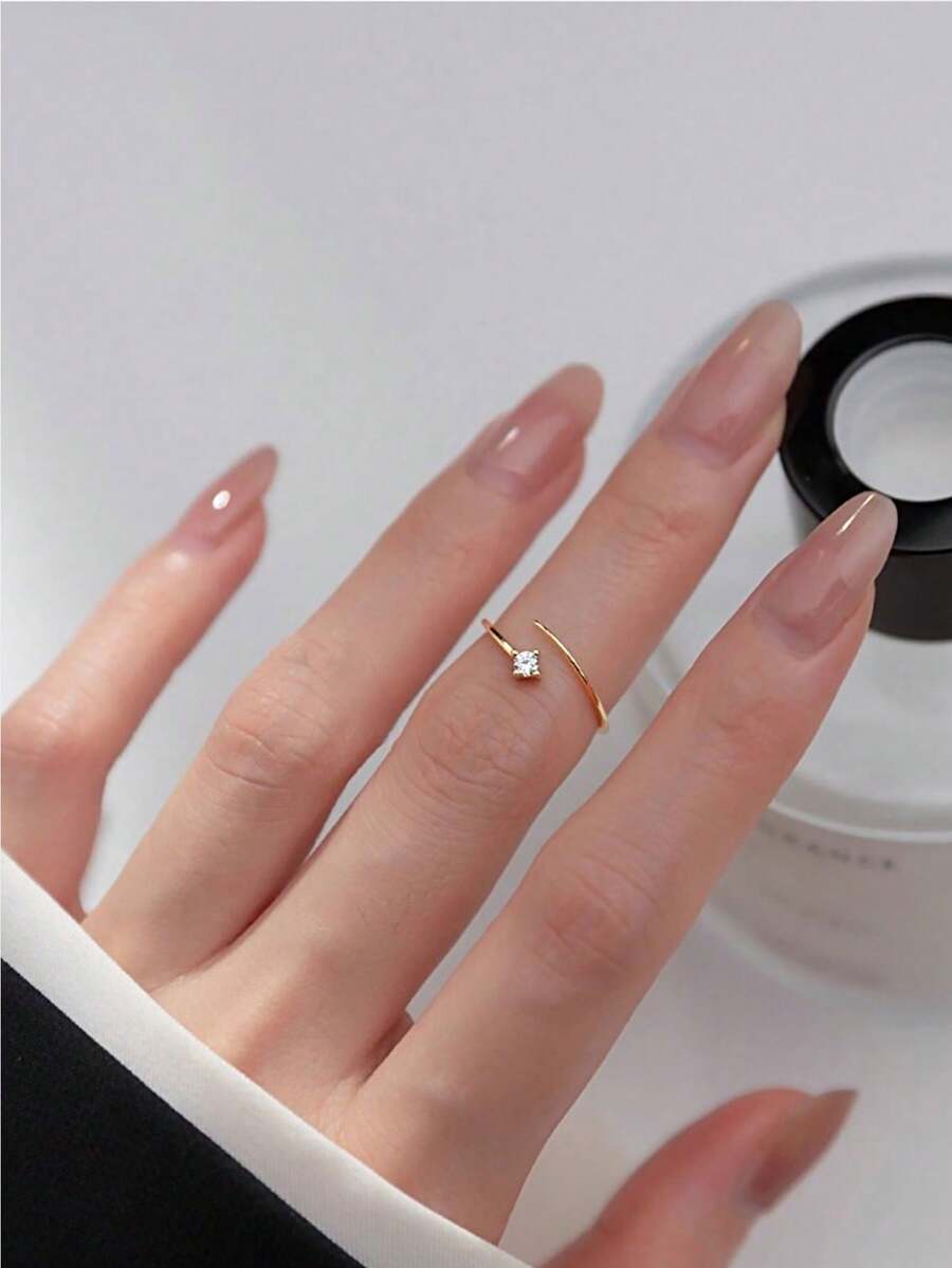 1pc S925 Sterling Silver Minimalist Rhinestone Open Ring, Adjustable Sweet Line Design Women Daily Wear Versatile Elegant Ring Gift - Diamond - View 1