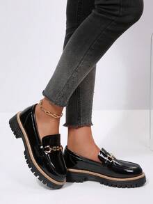 Giày lười nữ đế dày, mũi tròn, da bóng màu đen, thích hợp đi làm hàng ngày, đi học, phù hợp cho mọi mùa. - màu đen - Xem 4