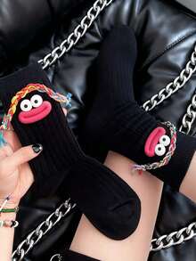 1/2/3 pares de calcetines divertidos para mujer, calcetines de tripulación con gran boca trenzada de estilo Ins feo lindo, patrón 3D de gran boca extravagante, elásticos, transpirables y absorbentes, adecuados para primavera, verano, otoño, invierno, uso casual con zapatos de lona, tenis gruesos - Multicolor - Ver 4