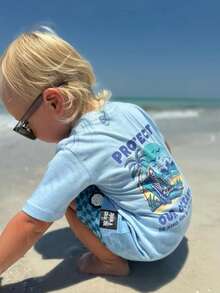 1件装男童休闲印花圆领短袖T恤，夏季学生服装 - 一款百搭T恤，为每个孩子带来欢乐和幸福！ - 淺藍色 - 查看 2