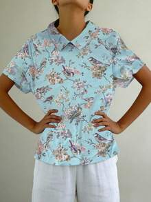 Women's Regular Sleeve Bird & Floral Print Button-Up Shirt, Non-Stretch Polyester Fabric, Spring/Summer - Multicolor - View 4