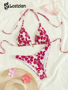 2026 New European And American Women's Beach Vacation Fashion Swimwear Set, Sexy Floral Print Halter Neck Tie Two Pieces Bikini Set, Casual Beach Party Outfit - Multicolor - View 3