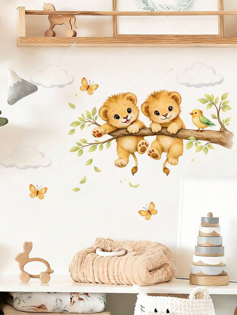 Cute Lion Cubs On Branch Wall Stickers, Peel And Stick Animal Decals, Ideal For Nursery, Kids Bedroom, Playroom & Classroom Wall Art - Two Little Lions - View 1