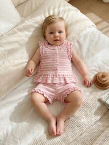 2Pcs Baby Girl Summer Outfits Sleeveless Stripes Print Ruffle Tops + Shorts Set Toddler Clothes - Hồng - Xem 3