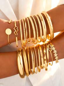 23pcs/Set Fashionable Star & Heart Pattern Open Bangle Bracelet Set, Geometric Multi-Element Design, Suitable For Daily Wear, Vacation, And Stylish Gifts - Yellow Gold - View 1