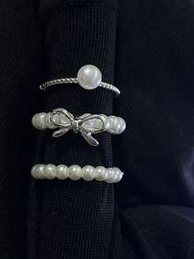 3 件/套简约蝴蝶结珍珠串珠可调节戒指套装，精致的可堆叠珠宝，适合日常佩戴，是送给女朋友、姐妹、圣诞节、情人节、生日、母亲节的绝佳礼物 - 白色 - 查看 6