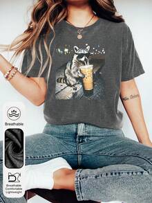 Women's Daily Fun Raccoon Drinking Iced Coffee Graphic Crew Neck Short Sleeves Casual Summer Women's Tops ,Animal Emojis Graphic Women's Dark Gray T-Shirt - Dark Grey - View 4