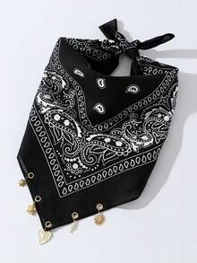 1 chiếc khăn choàng nữ kiểu phương Tây họa tiết denim - Khăn choàng/khăn bandana đa năng với mặt dây chuyền hình trái tim, cá, rùa, mặt trời, được làm từ polyester, phù hợp với trang phục thời trang hàng ngày. - màu đen - Xem 5