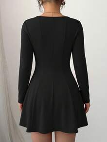 Women Long Sleeve Mini Dress Casual Knit Square Neck A-Line Pleated Short Dress Elegant Fall Autumn Cocktail Club Party Dating Dress Valentine  Valentine Outfits - màu đen - Xem 5
