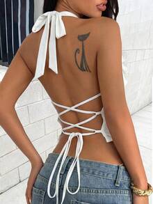 Damen Einfarbiges Rüschen-Neckholder Rückenfreies Strandurlaubs-Top - Weiss - Übersicht 8