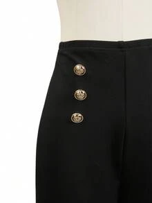 1件装女士时尚百搭撞色前拉链高腰直筒休闲裤，适合春夏穿着，黑色 - 黑色 - 查看 5