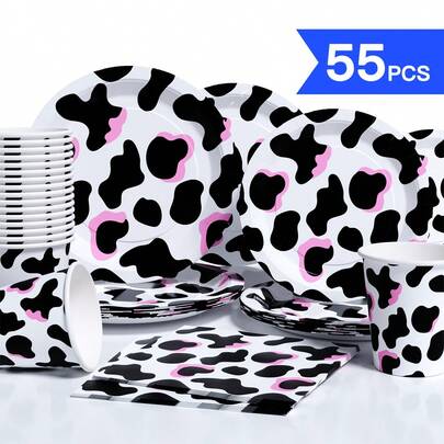黑白奶牛图案一次性餐盘、餐巾纸、纸杯 - 10人份派对用品套装，一次性纸盘适用于生日、婚礼、主题派对、家庭野餐等场合。