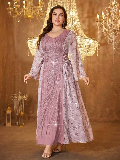  UNITHORSE 大码女式随机印花甜心领长袖修身亮片拼接针织连衣裙