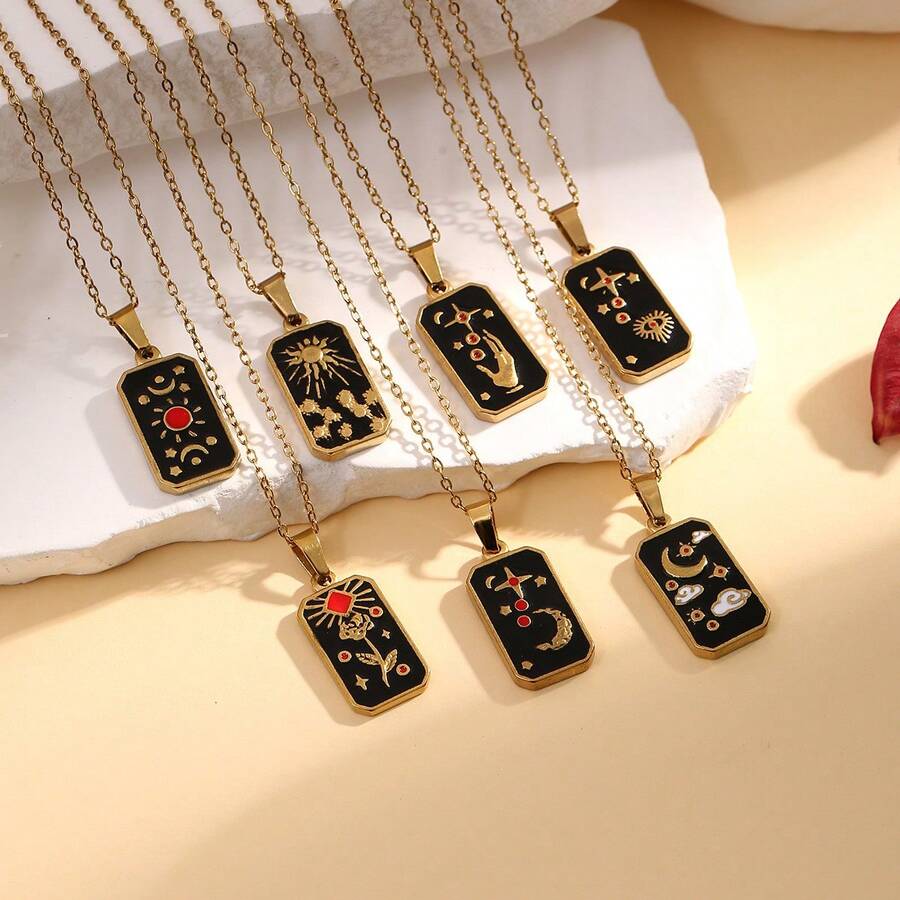 1 件极简时尚 304 不锈钢油滴塔罗牌吊坠项链毛衣链 - 百搭复古女士配饰 - 金色 - 查看 1