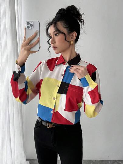 1pc Women's Blouse With Geometric Plaid Placement Print, Elegant Collared Long Sleeve Shirt - Comfortable And Breathable Holiday Attire, Perfect For Work, Casual, Party, Wedding, New Year And Other Occasions, An Ideal Gift For Girlfriend, Wife, Mother On Ramadan, Eid, New Year, Mother's Day And Other Holidays