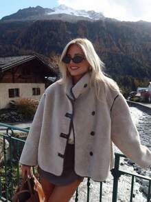 女士优雅街头风加厚外套，女士冬季翻领长袖口袋拉链装饰休闲外套，羊毛加厚皮革拼接宽松短款外套 - 米色 - 查看 5