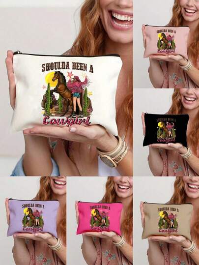 1pc Portable Cowgirl Bucking Horse Pattern And "Shoulda Been A Cowgirl"Cosmetic Bag,Vintage Cowgirl Large Makeup Bag,Simple Makeup Storage Bag With Zipper,Cowgirl Life Makeup Bag,Holiday Cosmetics,Party Accessories Organizer, Stationery Supplies Bag, Multi Toiletry Wash Bag, Holiday Cosmetics & Party Accessories Organizer,Suitable For Women's Cosmetics Storage,Travel Essential,Valentine's Day Gifts