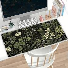 1 件花卉图案桌面垫,尺寸 31.5 x 11.8 英寸,复古花卉植物设计鼠标垫,加长游戏鼠标垫,适用于办公装饰,大尺寸笔记本电脑键盘鼠标垫,缝边设计,返校季,办公用品,桌面配件,鼠标垫 - 橄欖綠 - 查看 3