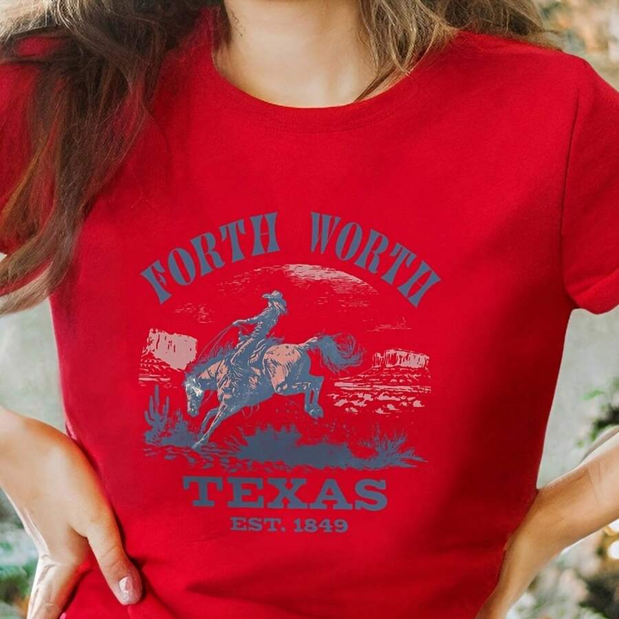 Fort Worth, Texas East. 1849 Cowboy Horse Desert Landscape Graphic T-Shirt - Casual Crew Neck Cotton Tees, Summer Breathable, Perfect Gift For Cowboy FansValentine Gift, Valentine Days,Going Out Tops,Vintage,Summer Outfits For Women,T-Shirt - 紅色 - 查看 1