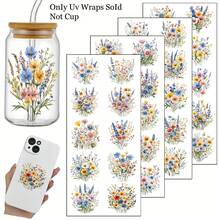 40张野花防水转印贴纸，适用于Libby玻璃杯，水彩花卉包装，DIY剪贴簿贴纸，可用于贺卡、礼品包装和家居装饰，一次性纸质转印贴纸，24x11厘米，非常适合工艺品和家具制作，测量用途 - 彩色 - 查看 1